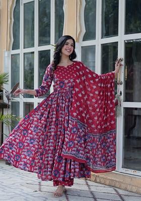 Maroon Printed Pure Cotton Anarkali Set With Dupatta