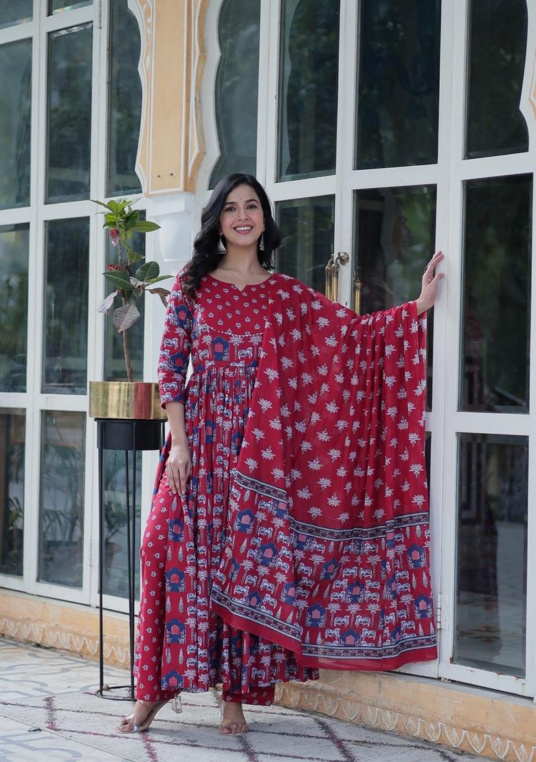 Maroon Printed Pure Cotton Anarkali Set With Dupatta