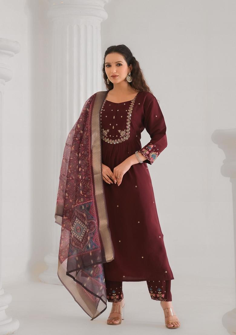 Brown Embroidered Viscose Salwar Kameez With Dupatta