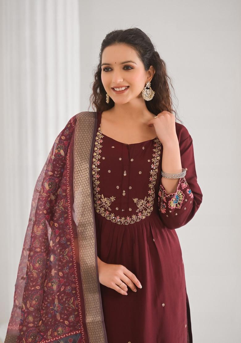 Brown Embroidered Viscose Salwar Kameez With Dupatta