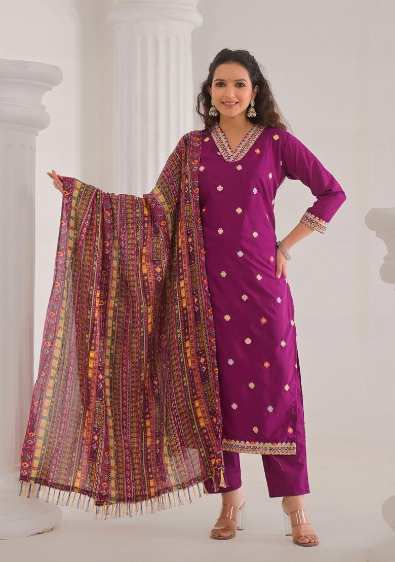 Purple Embroidered Viscose Salwar Kameez With Dupatta