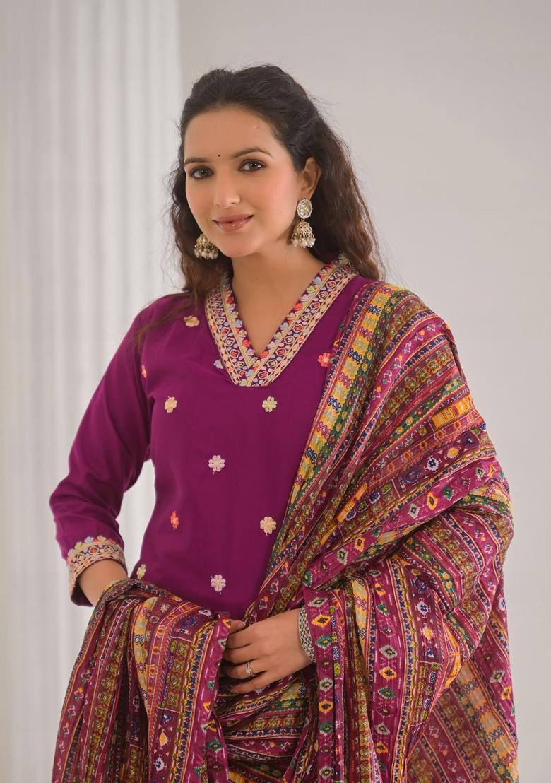Purple Embroidered Viscose Salwar Kameez With Dupatta