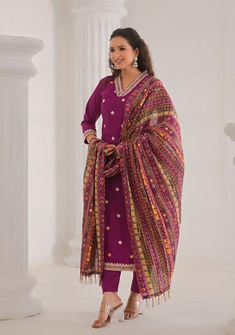 Purple Embroidered Viscose Salwar Kameez With Dupatta