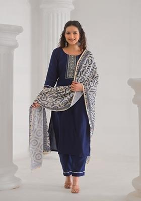Blue Embroidered Viscose Salwar Kameez With Dupatta