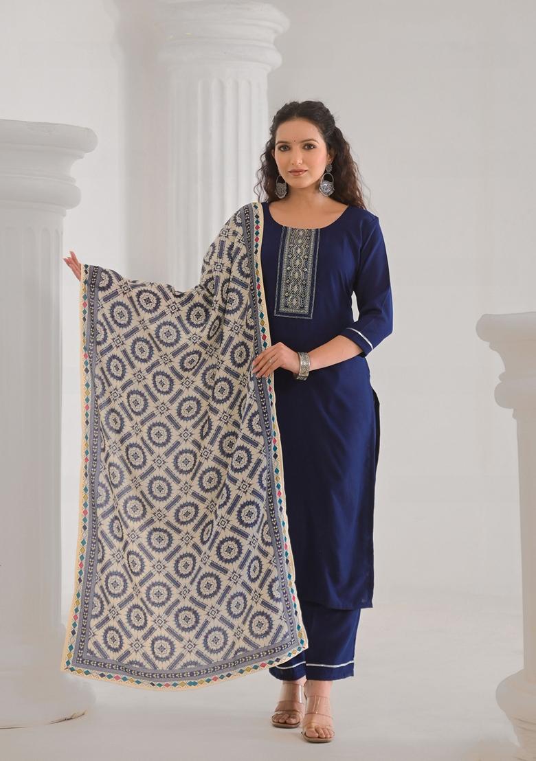 Blue Embroidered Viscose Salwar Kameez With Dupatta