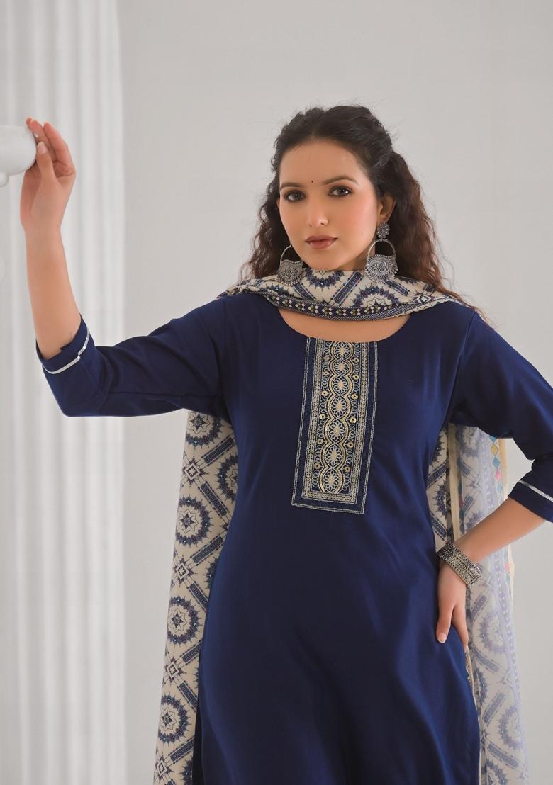 Blue Embroidered Viscose Salwar Kameez With Dupatta