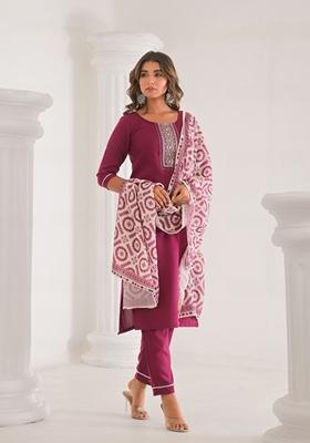 Wine Embroidered Viscose Salwar Kameez With Dupatta