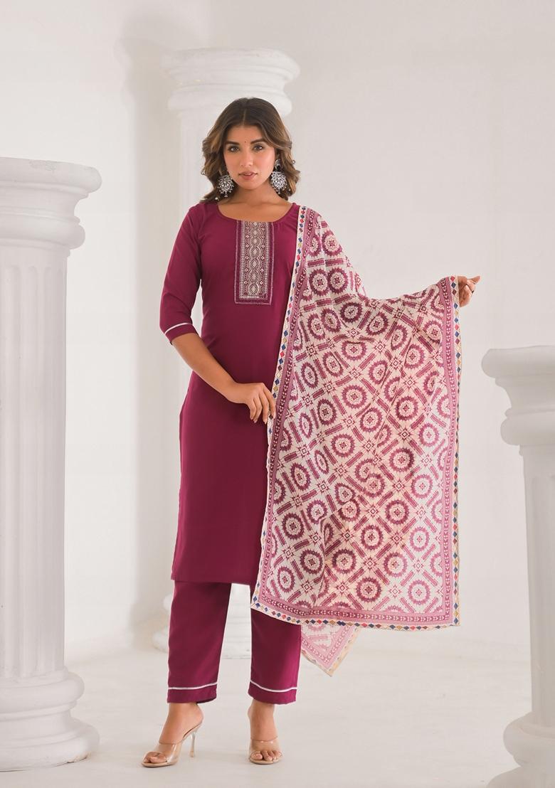 Wine Embroidered Viscose Salwar Kameez With Dupatta