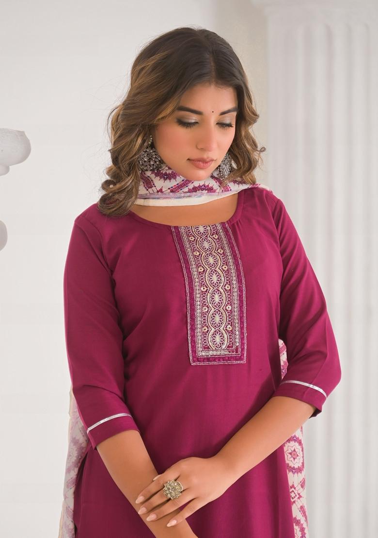 Wine Embroidered Viscose Salwar Kameez With Dupatta