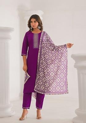 Purple Embroidered Viscose Salwar Kameez With Dupatta