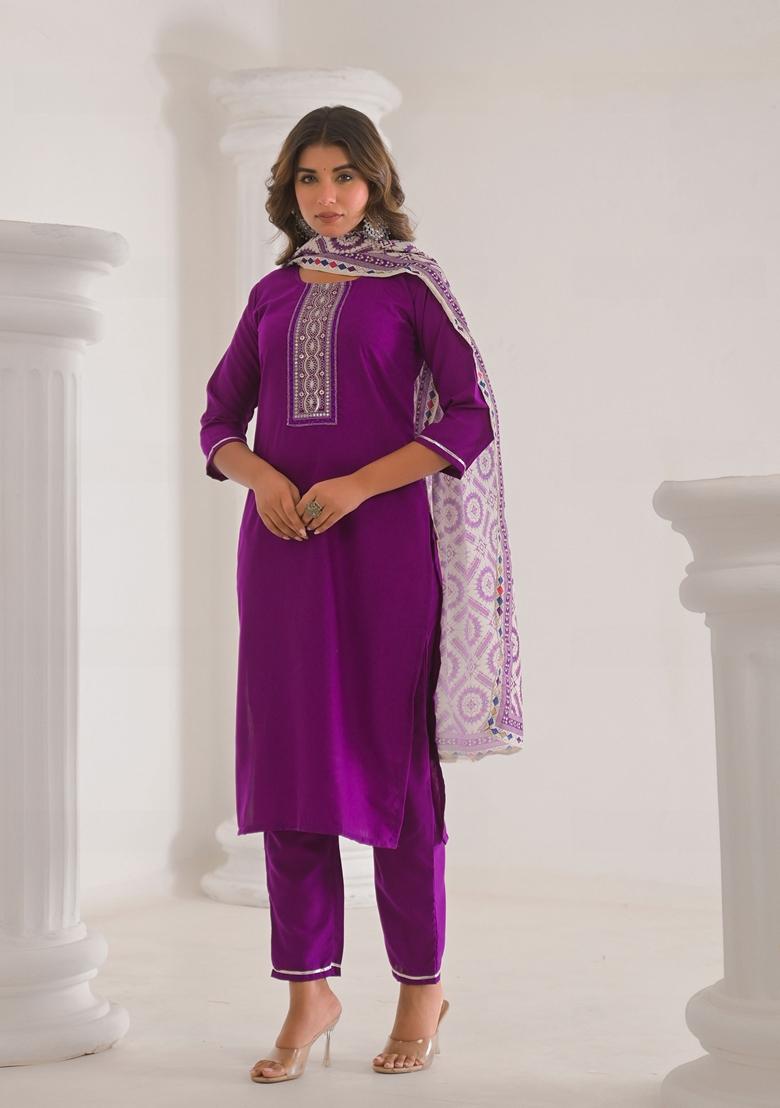 Purple Embroidered Viscose Salwar Kameez With Dupatta