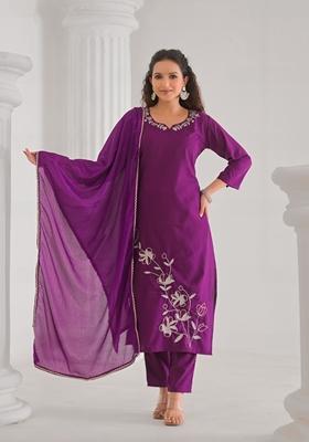 Purple Embroidered Viscose Salwar Kameez With Dupatta