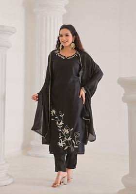 Black Embroidered Viscose Salwar Kameez With Dupatta