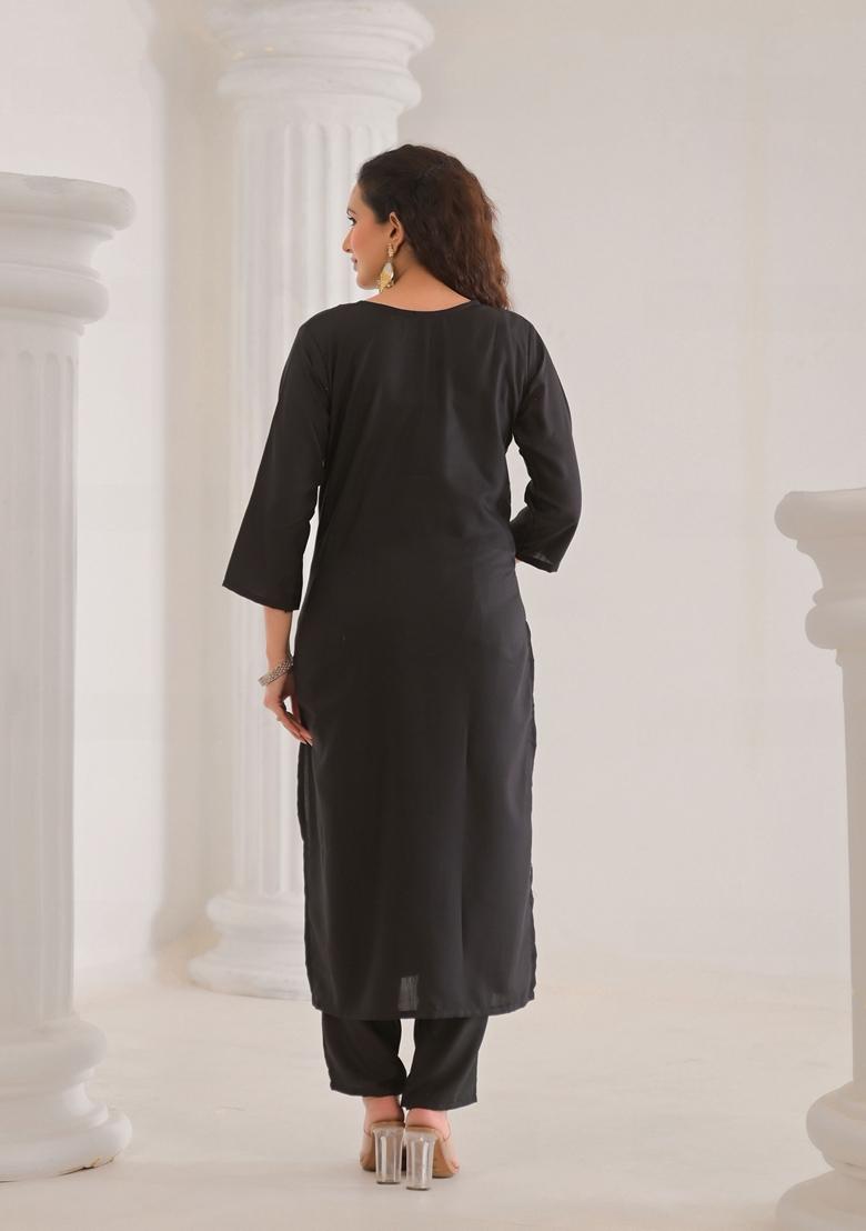 Black Embroidered Viscose Salwar Kameez With Dupatta