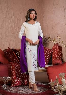 White Embroidered Viscose Salwar Kameez With Dupatta