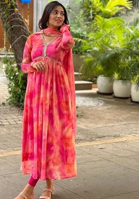 Pink Printed Georgette Anarkali Set With Dupatta