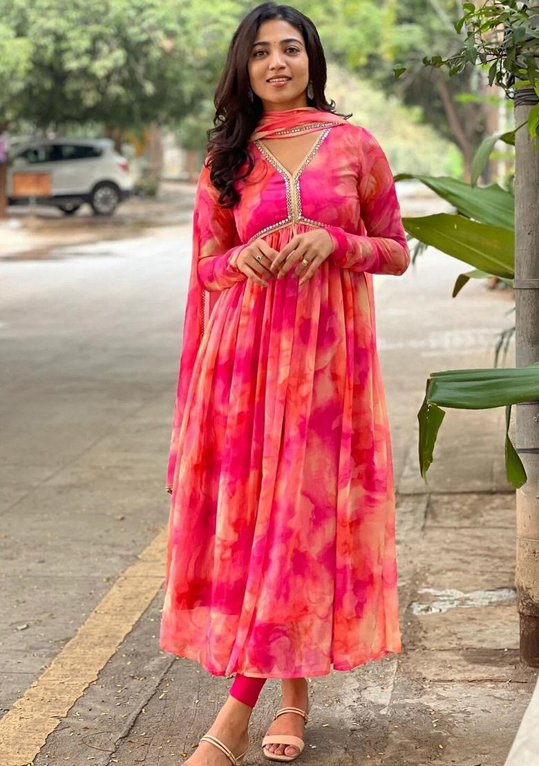 Pink Printed Georgette Anarkali Set With Dupatta