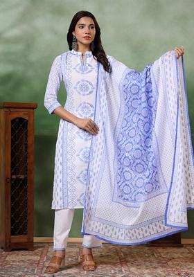 White Printed Viscose Salwar Kameez With Dupatta