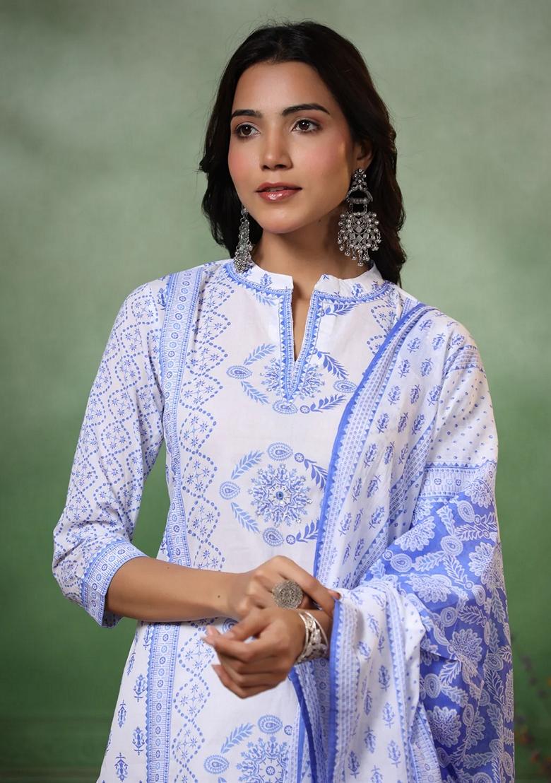 White Printed Viscose Salwar Kameez With Dupatta