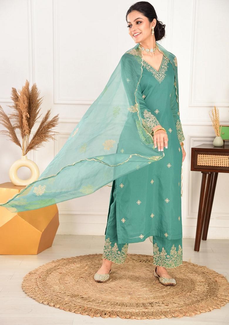 Green Embroidered Viscose Salwar Kameez With Dupatta