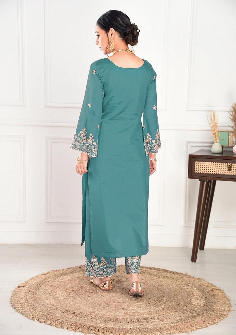 Green Embroidered Viscose Salwar Kameez With Dupatta