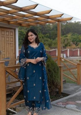 Teal Blue Embroidered Viscose Salwar Kameez With Dupatta