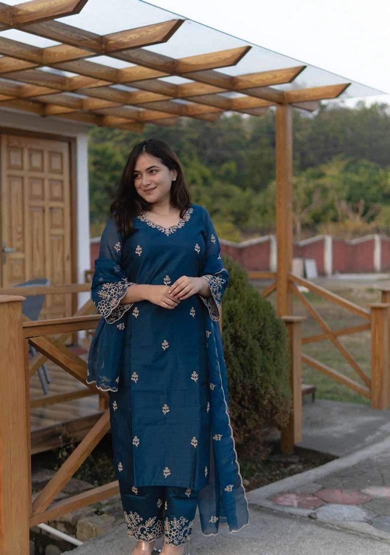 Teal Blue Embroidered Viscose Straight Kurta Set - Indya