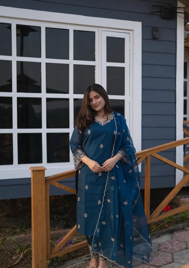 Teal Blue Embroidered Viscose Salwar Kameez With Dupatta