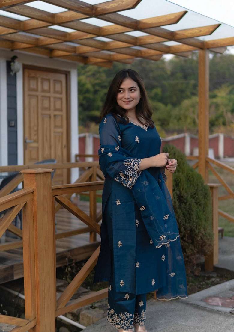 Teal Blue Embroidered Viscose Straight Kurta Set - Indya