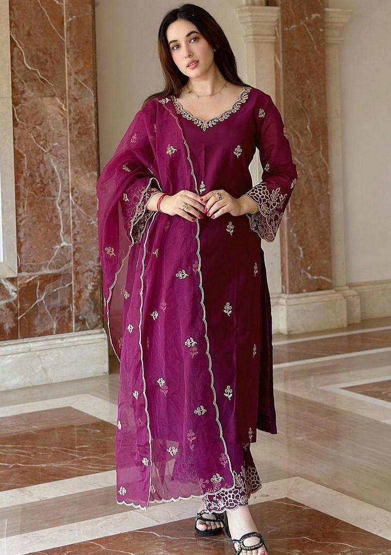 Wine Embroidered Viscose Salwar Kameez With Dupatta