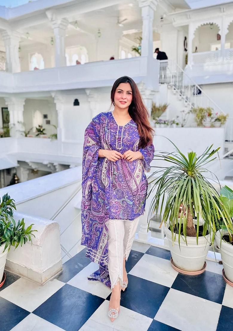 Purple Printed Viscose Salwar Kameez With Dupatta