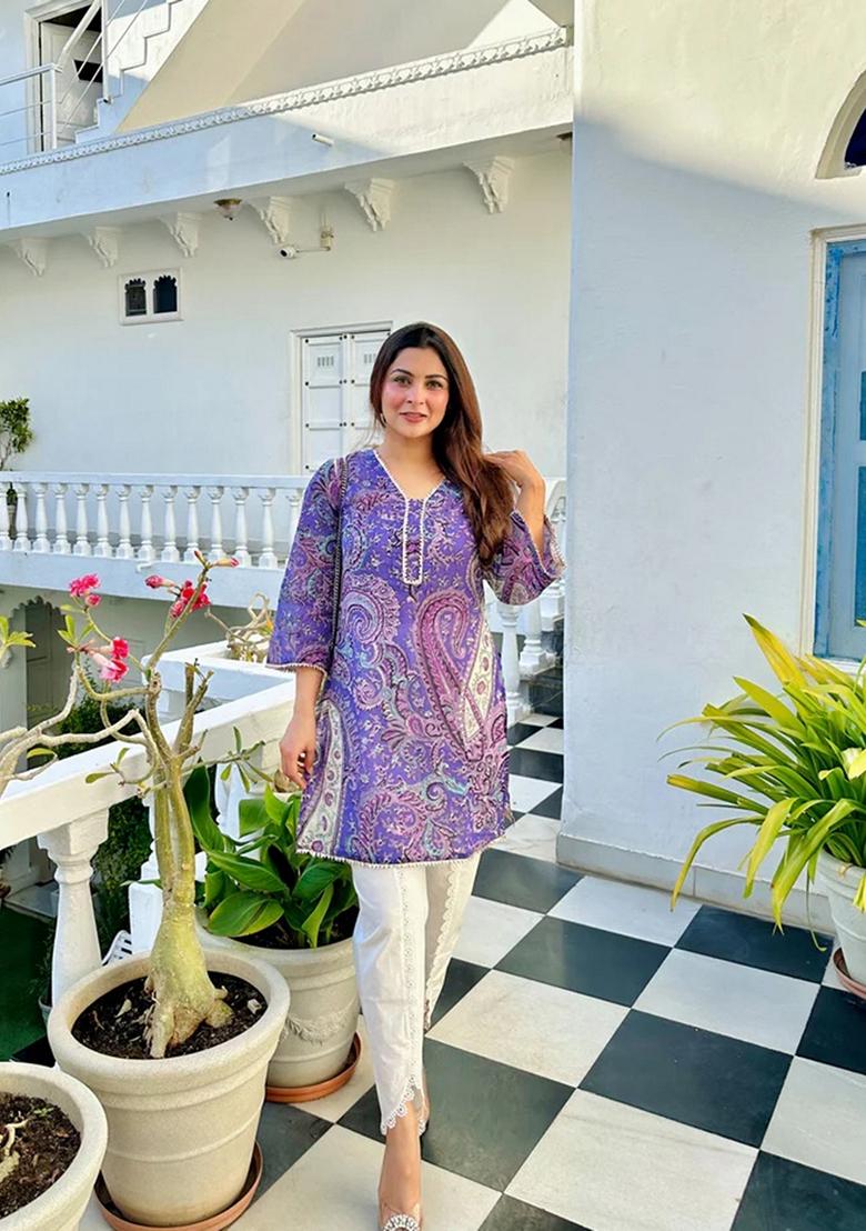 Purple Printed Viscose Salwar Kameez With Dupatta