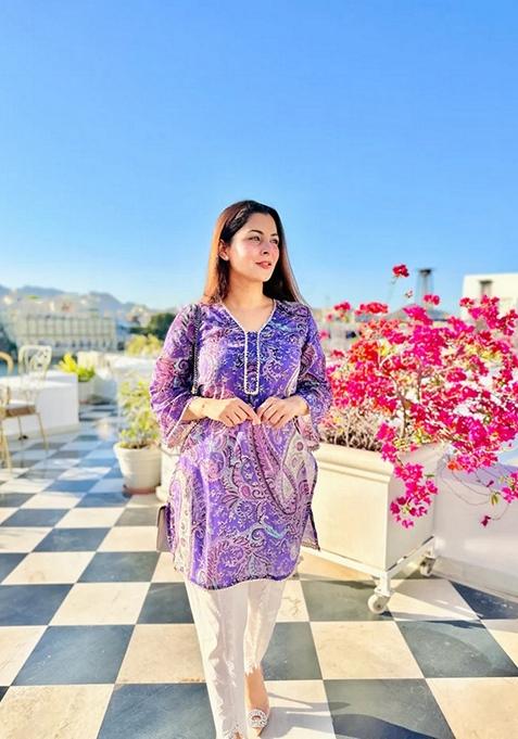 Purple Printed Viscose Salwar Kameez With Dupatta