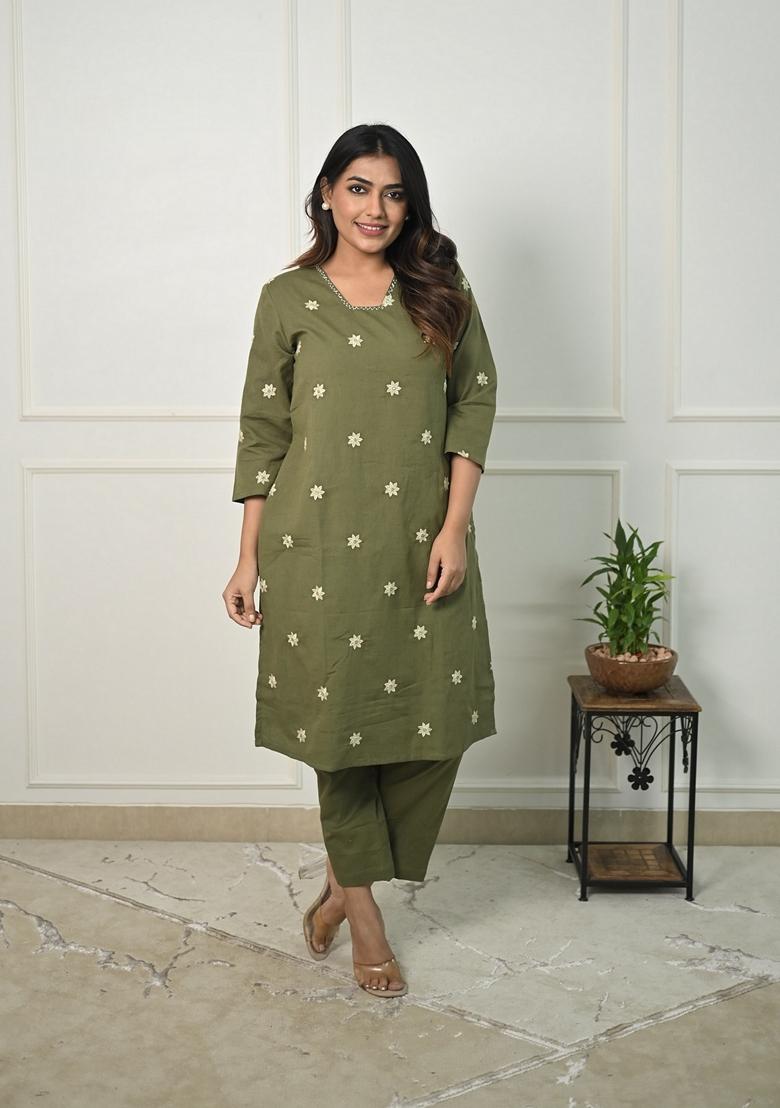 Green Embroidered Pure Cotton Salwar Kameez