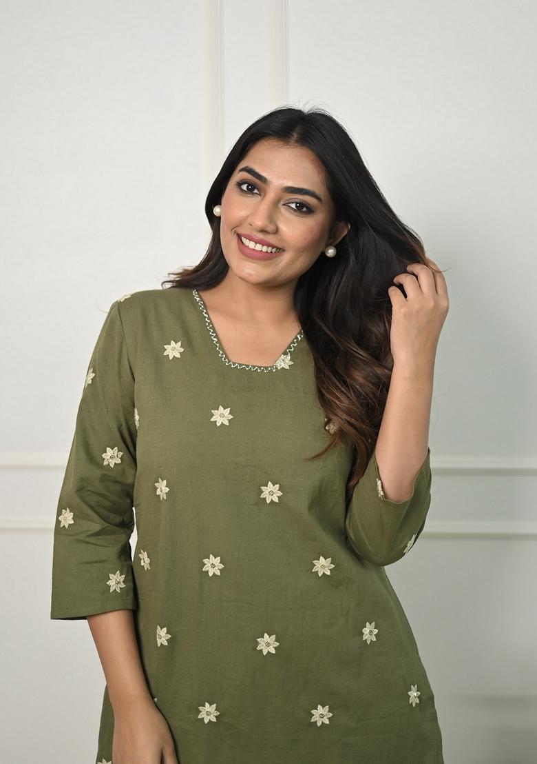 Green Embroidered Pure Cotton Salwar Kameez