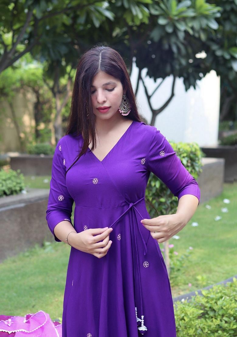 Purple Embroidered Viscose Salwar Kameez With Dupatta