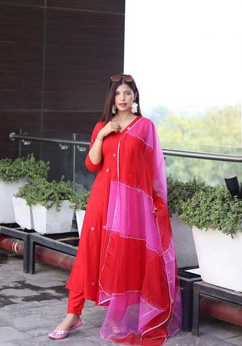 Red Embroidered Viscose Salwar Kameez With Dupatta