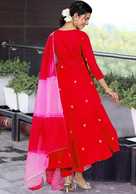 Red Embroidered Viscose Salwar Kameez With Dupatta