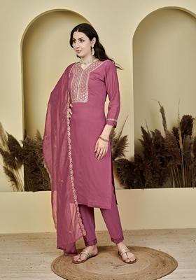 Peach Embroidered Viscose Salwar Kameez With Dupatta