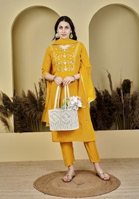Yellow Embroidered Chanderi Salwar Kameez With Dupatta