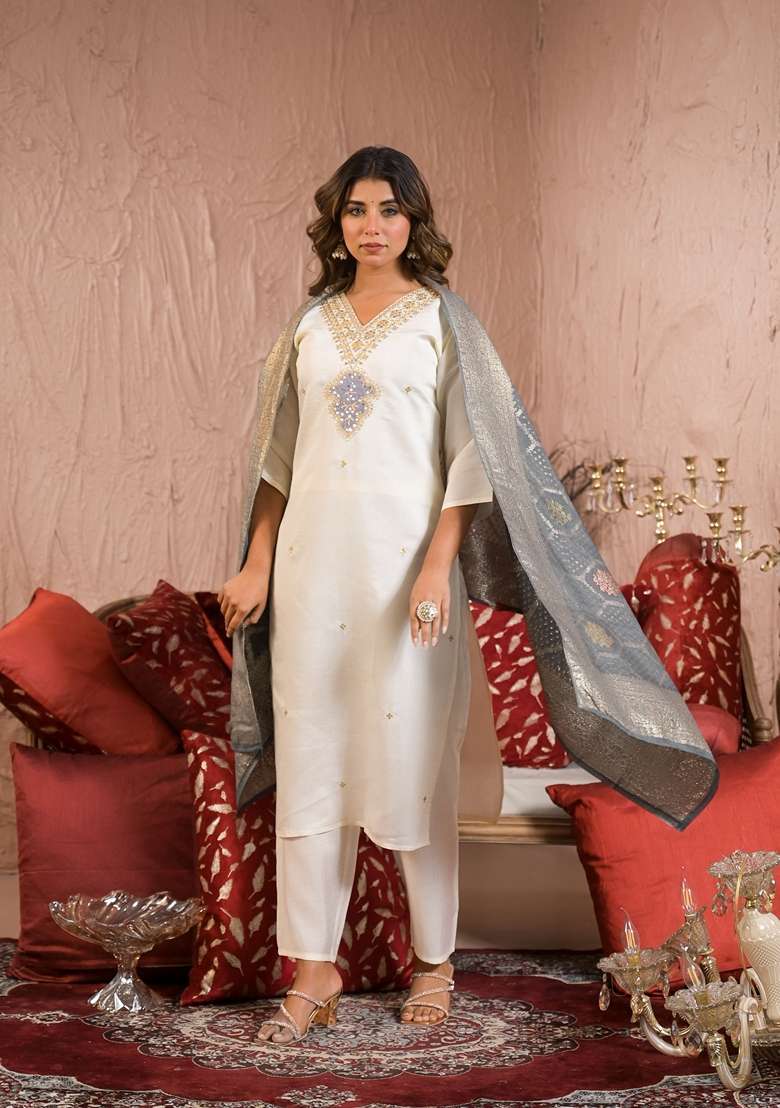 White Embroidered Viscose Pakistani Suit Set - Indya