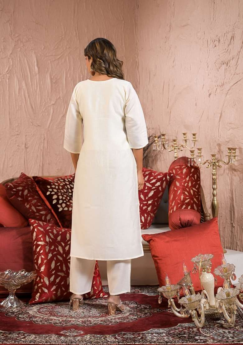 White Embroidered Viscose Pakistani Suit Set - Indya