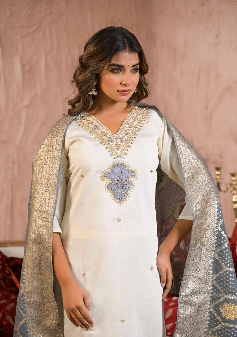 White Embroidered Viscose Salwar Kameez With Dupatta