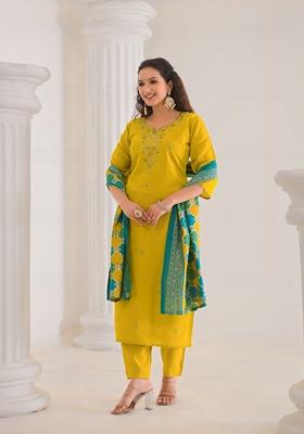 Yellow Embroidered Viscose Salwar Kameez With Dupatta