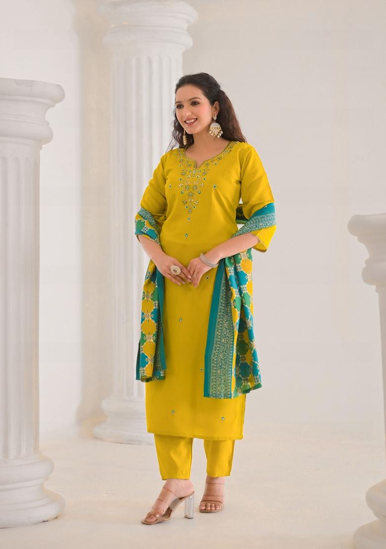 Yellow Embroidered Viscose Salwar Kameez With Dupatta