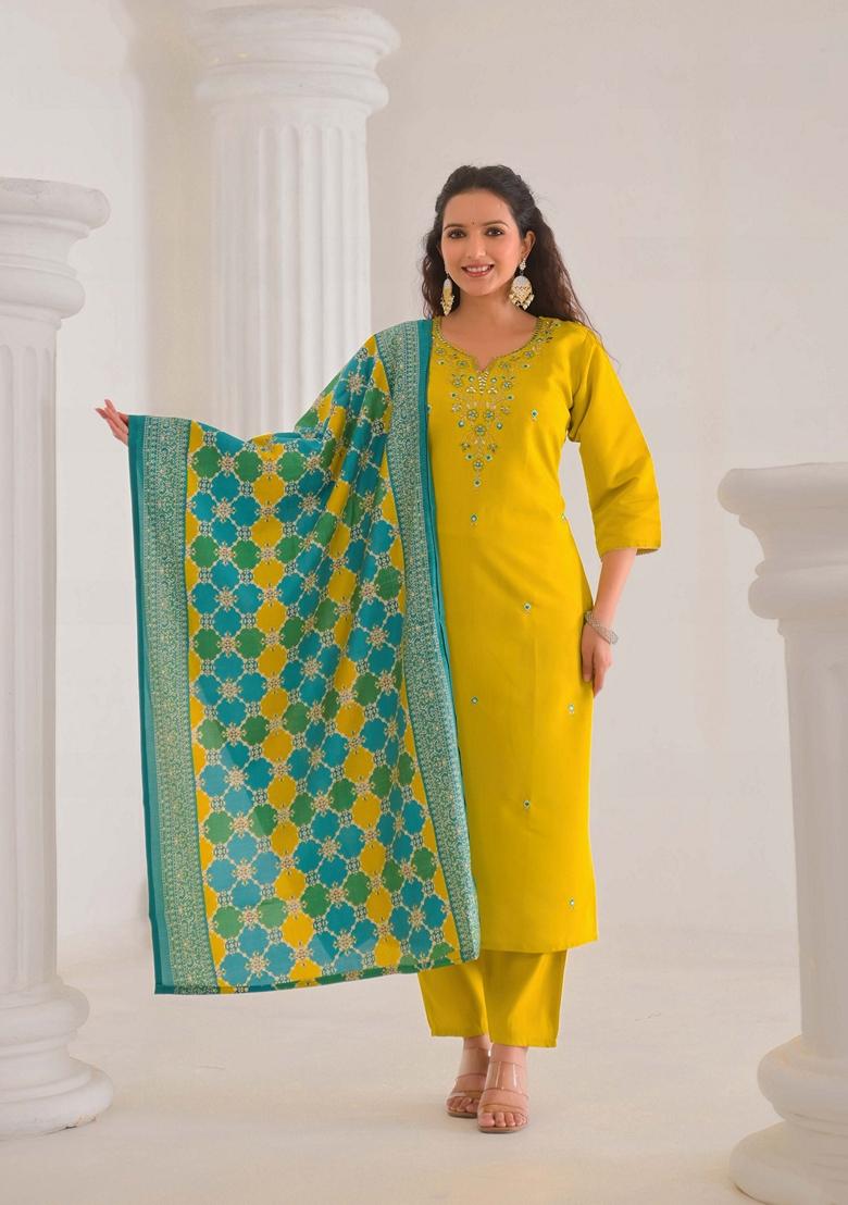Yellow Embroidered Viscose Salwar Kameez With Dupatta
