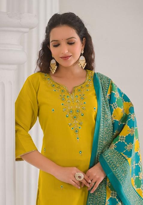 Yellow Embroidered Viscose Salwar Kameez With Dupatta