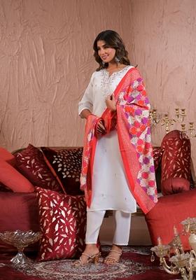 White Embroidered Viscose Salwar Kameez With Dupatta