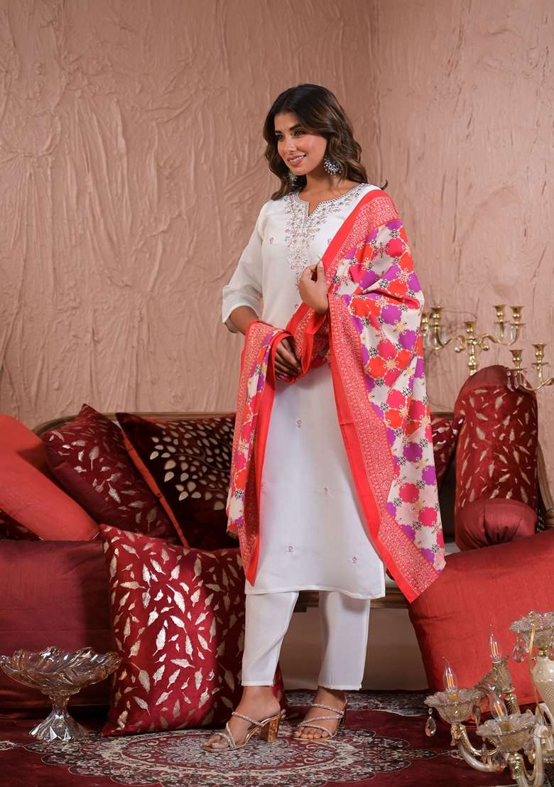 White Embroidered Viscose Straight Kurta Set - Indya