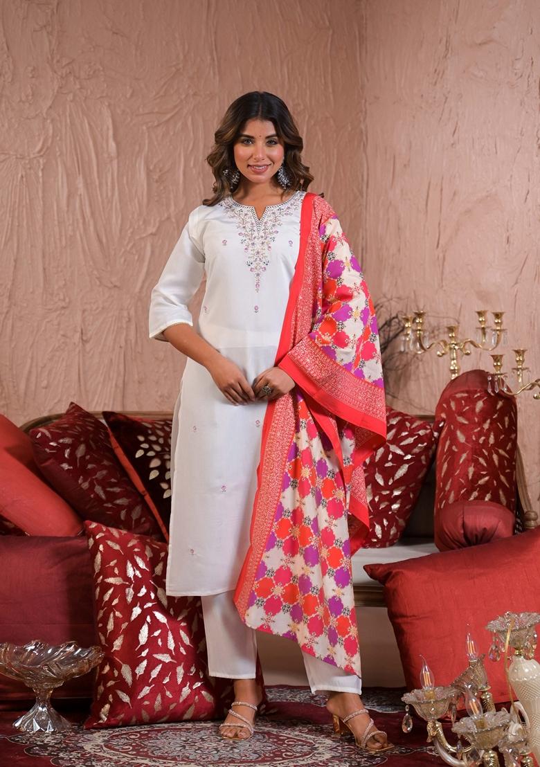 White Embroidered Viscose Salwar Kameez With Dupatta